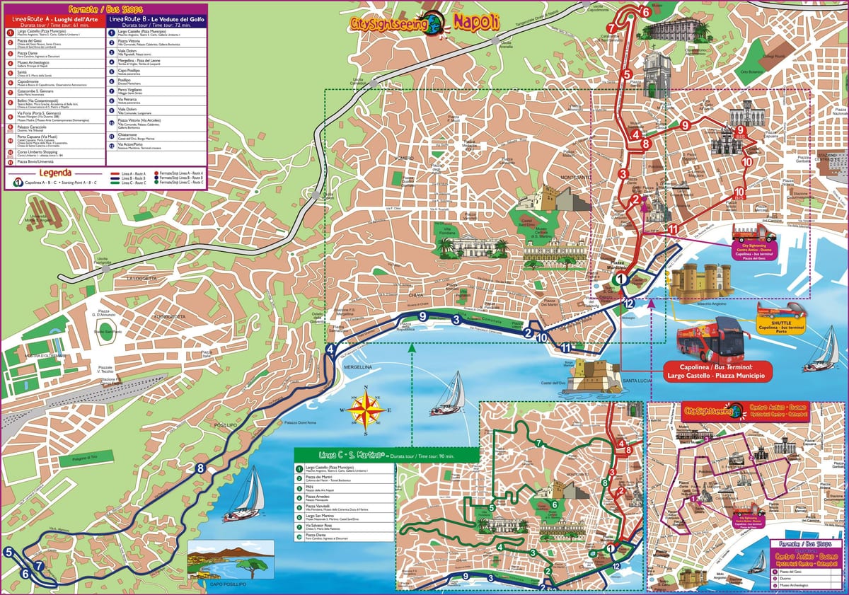 neapol itálie hop on hop off bus tour mapě